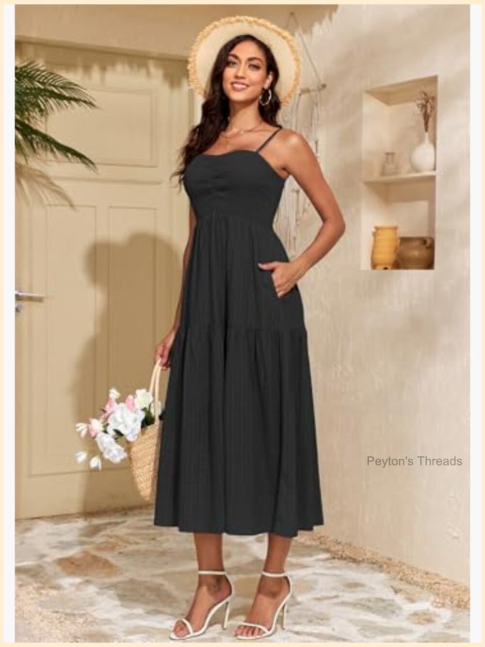 Adjustable Spaghetti Strap Smocked Maxi Dress Tiered Pleated Boho Sundress - Picture 5 of 7